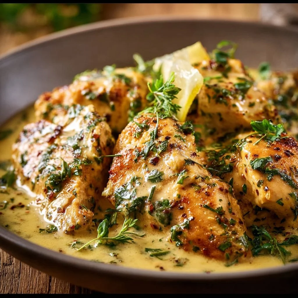 Creamy lemon herb chicken served on a plate with fresh herbs