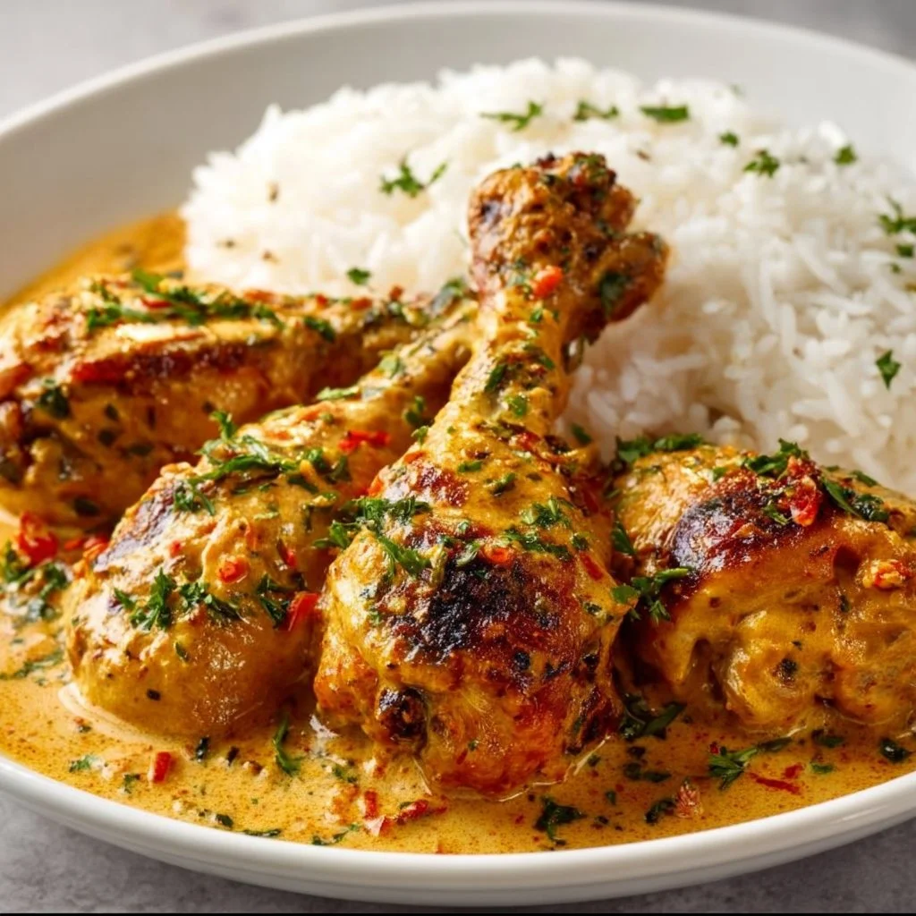 Creamy paprika chicken drumsticks served with garnish on a plate
