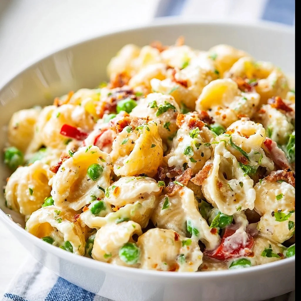 Creamy pasta salad with fresh vegetables and dressing