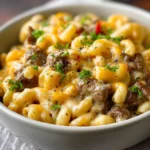 Creamy Philly Cheesesteak Mac & Cheese Bliss 3 Bowl of creamy Philly cheesesteak mac and cheese topped with melted cheese and steak slices.