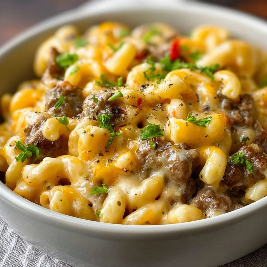 Bowl of creamy Philly cheesesteak mac and cheese topped with melted cheese and steak slices.
