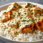 Creamy smothered chicken served over rice, garnished for flavor.