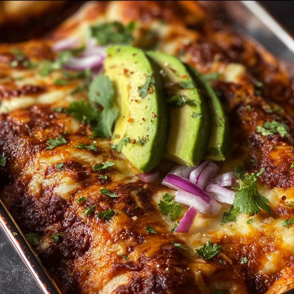 Creamy vegan black bean enchiladas topped with fresh herbs and avocado.