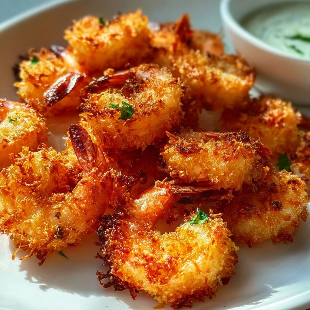 Crispy Baked Shrimp served on a plate with lemon and herbs