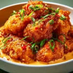 Crispy Bang Bang Chicken served with dipping sauce and garnished with herbs