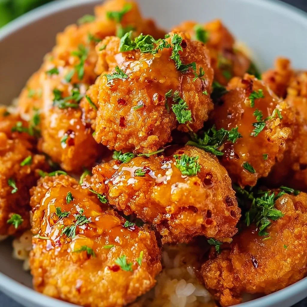 Plate of crispy Bang Bang Chicken with a spicy sauce