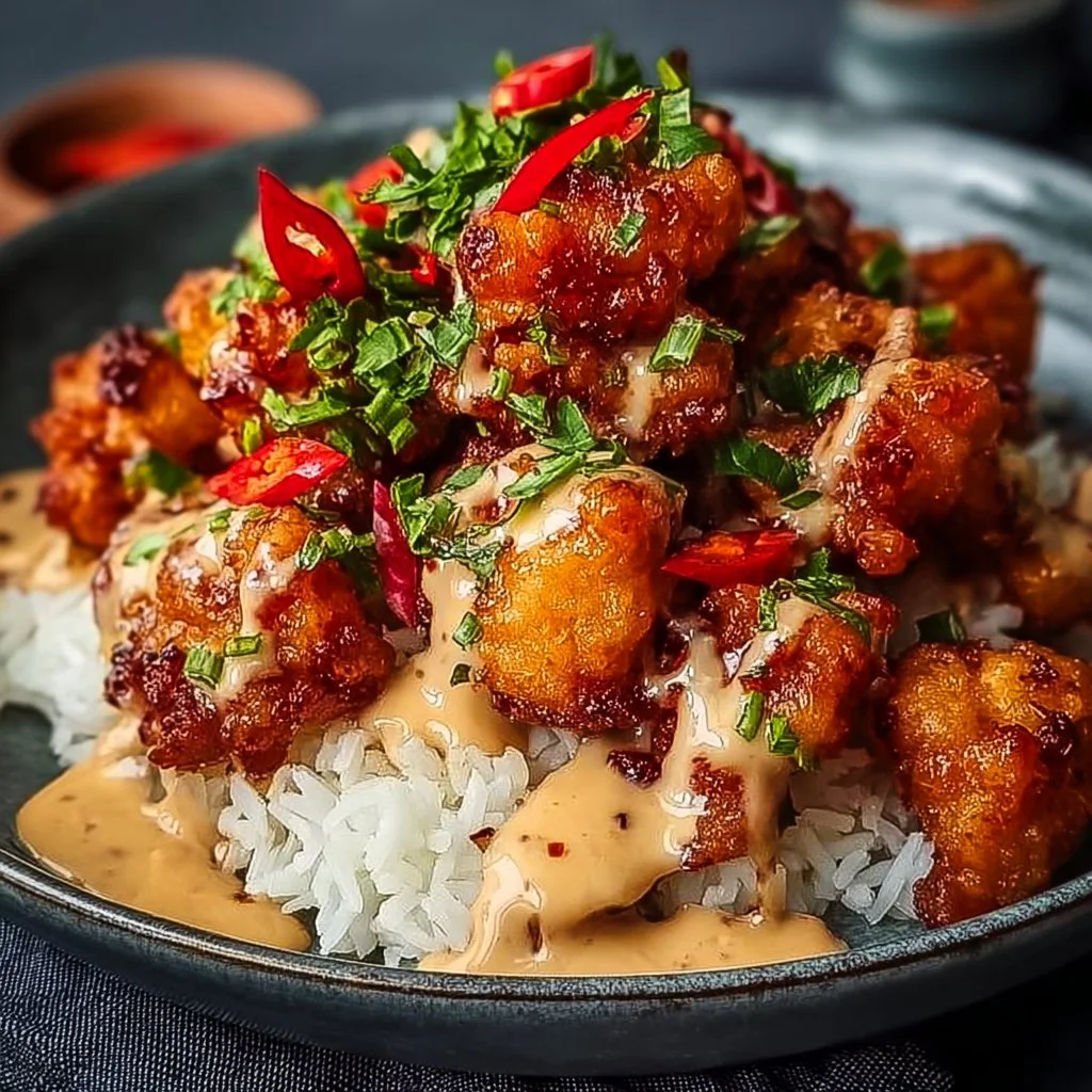 Crispy Bang Bang Chicken with sweet and spicy sauce on a plate
