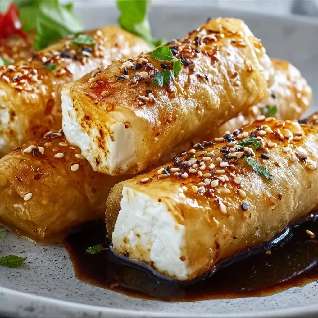 Golden brown crispy feta rolls ready to be served as a delicious appetizer.