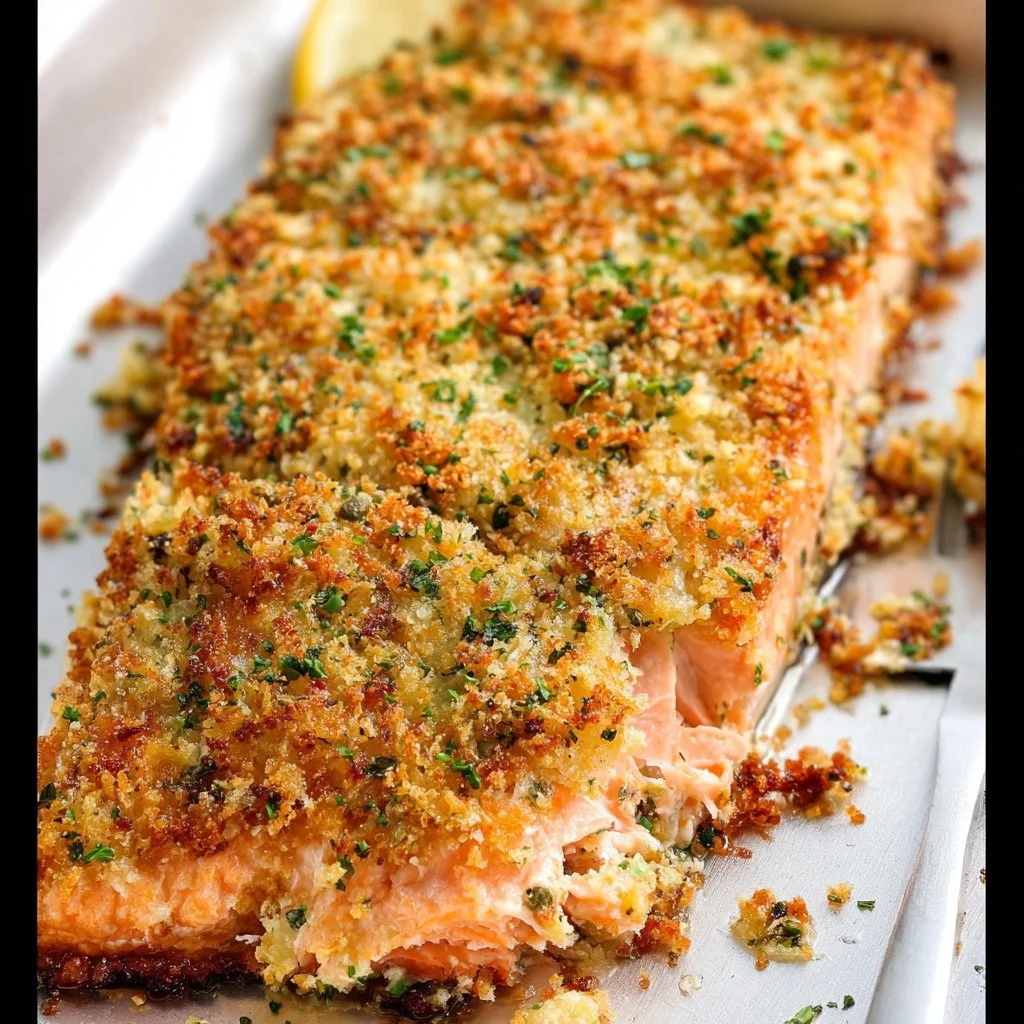 Crispy garlic Parmesan salmon served with lemon and herbs