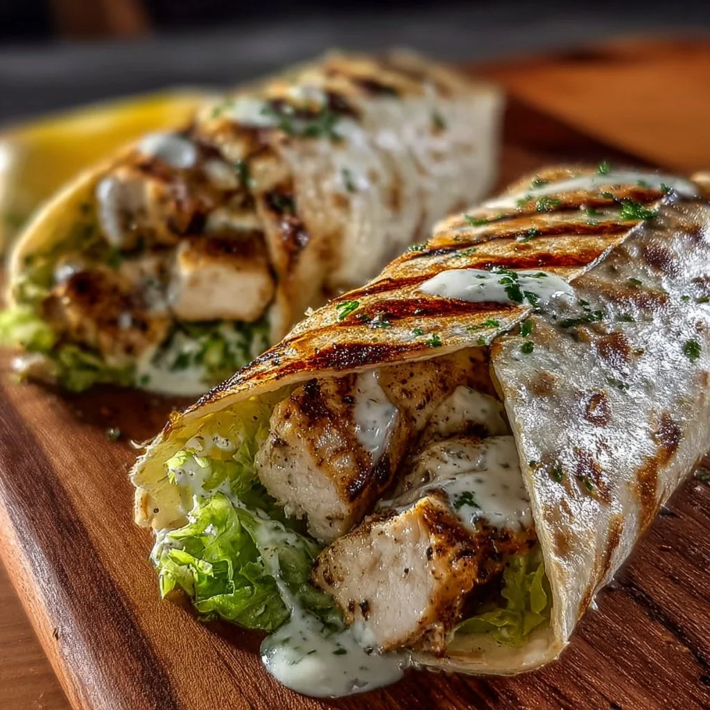 Crispy grilled lemon herb chicken Caesar wraps on a plate with fresh ingredients