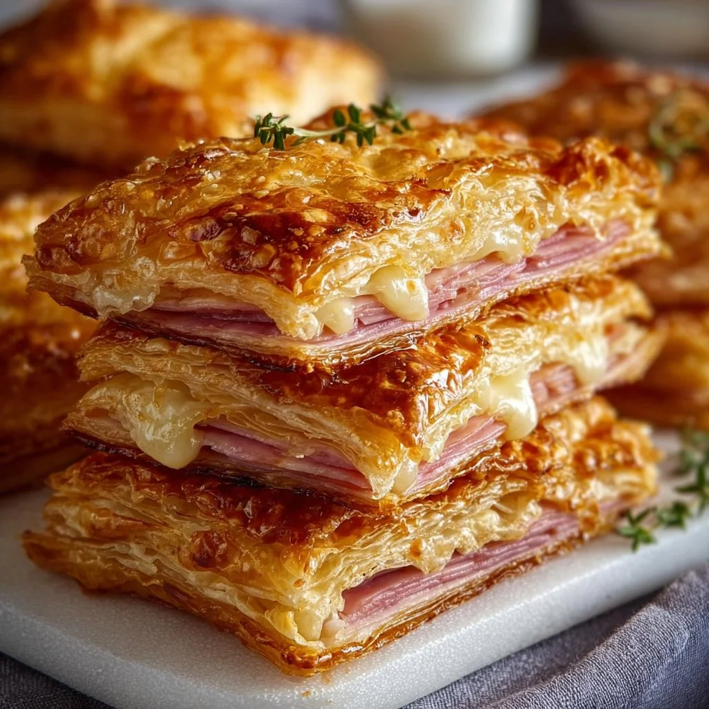 Crispy ham and cheese puff pastry stacks on a white plate