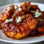 Crispy Hot Honey Chicken garnished with herbs on a plate, ready to serve.