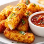 Crispy mozzarella sticks with spicy marinara sauce on a serving plate
