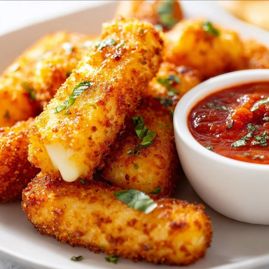 Crispy mozzarella sticks with spicy marinara sauce on a serving plate
