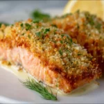 Crispy Panko Parmesan Salmon 4 Crispy Panko Parmesan Salmon served with lemon and herbs