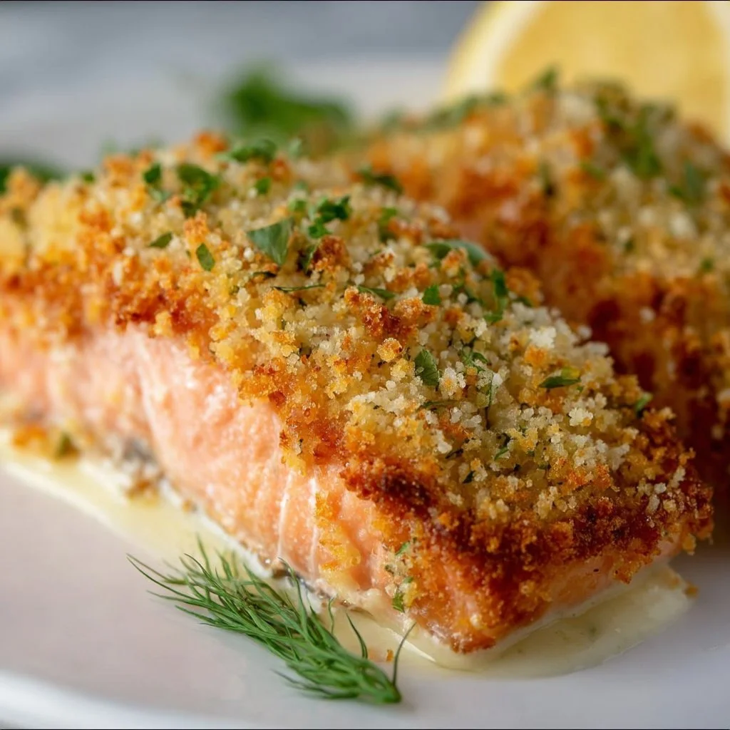 Crispy Panko Parmesan Salmon served with lemon and herbs