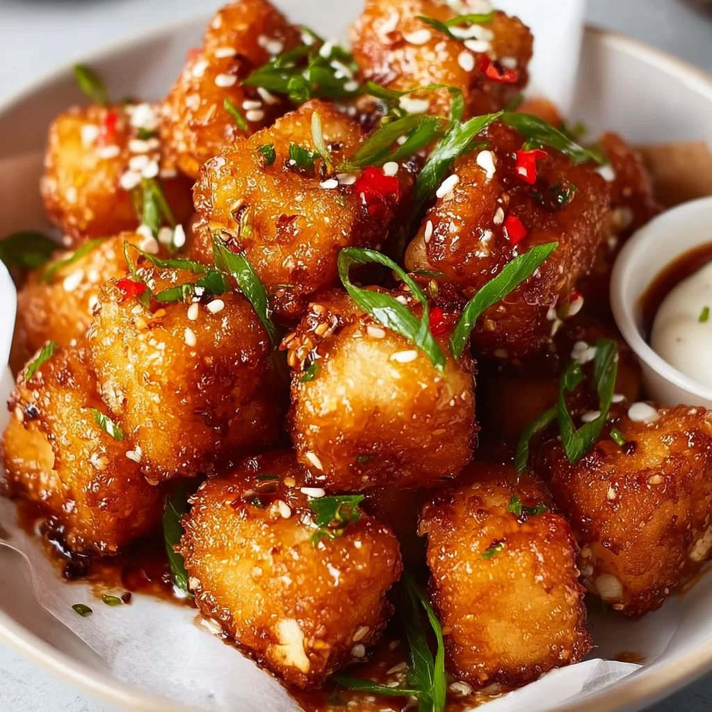 Plate of crispy sticky tofu garnished with herbs and spices