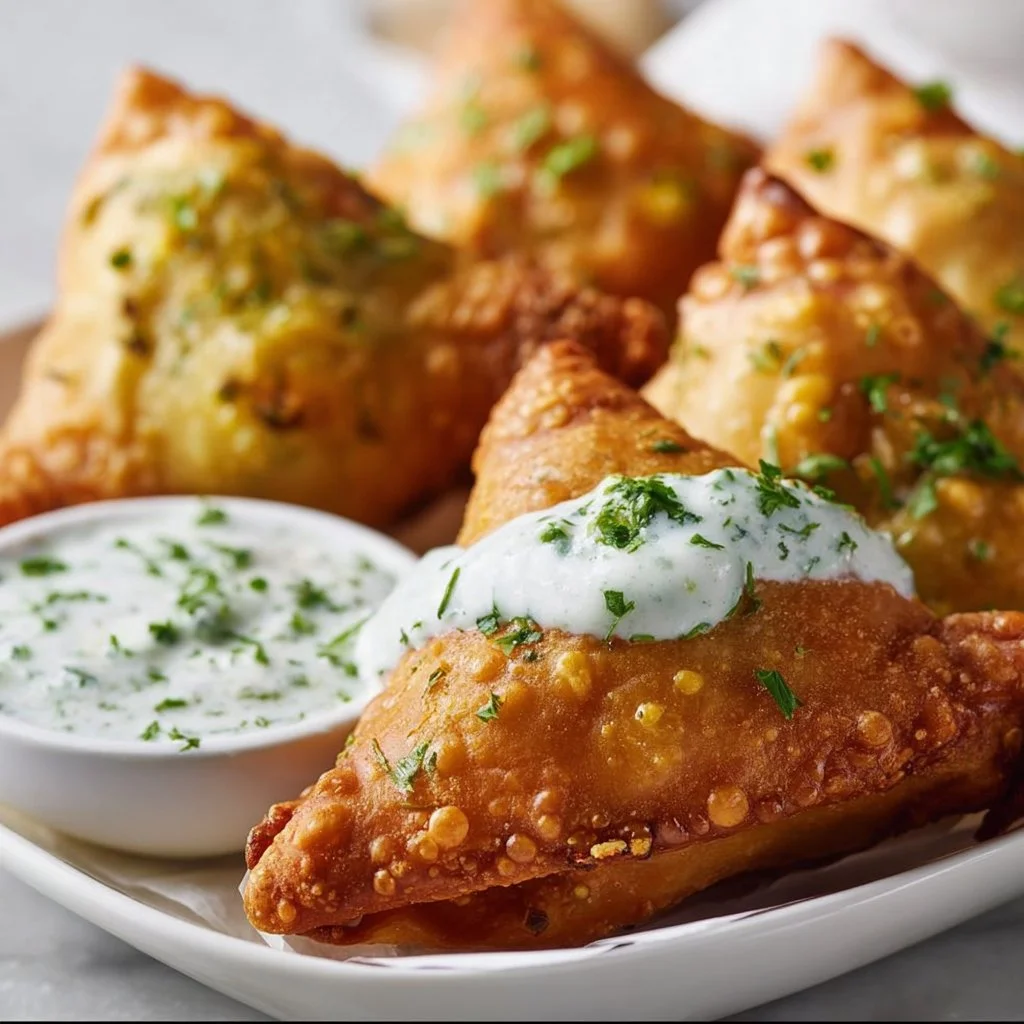 Crispy Vegetarian Samosas 2 Crispy Vegetarian Samosas with Cilantro-Yogurt Sauce