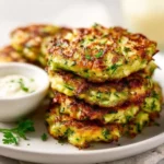 Plate of crispy zucchini fritters garnished with herbs