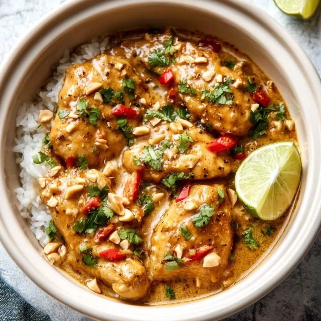 Crockpot Thai Peanut Chicken served with fresh herbs and rice in a bowl.