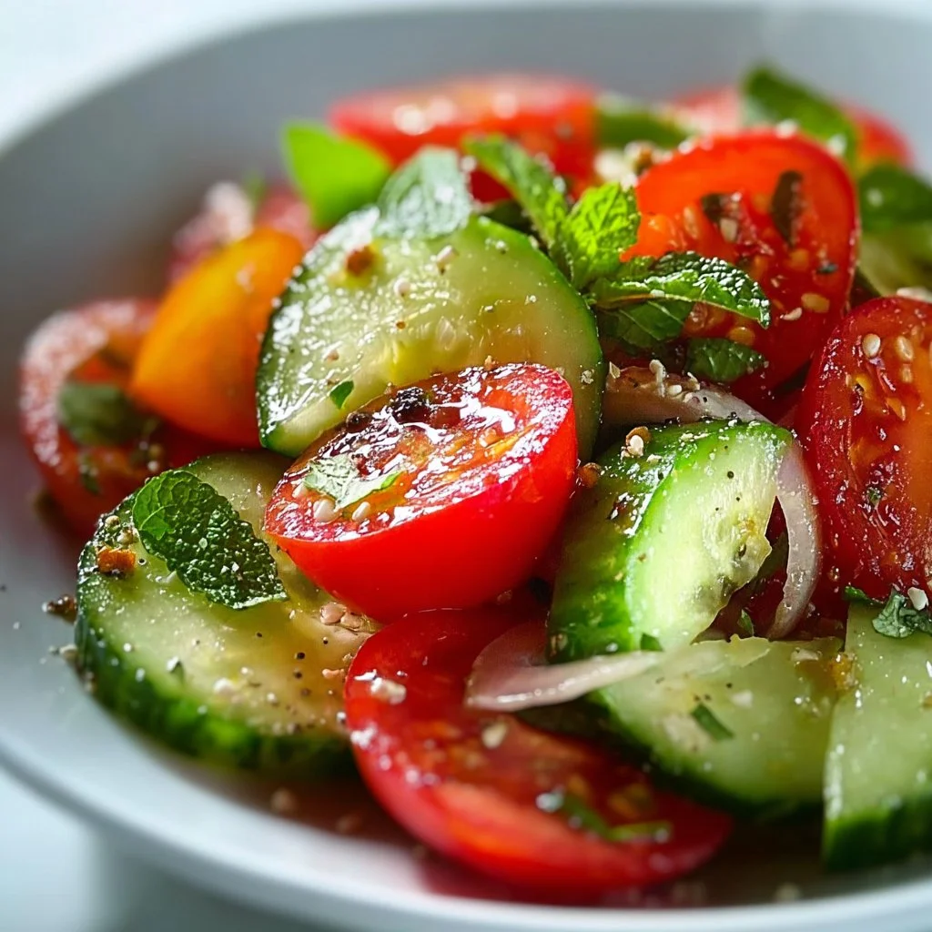 Fresh cucumber and tomato salad garnished with herbs in a bowl