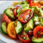 Fresh Cucumber Tomato Avocado Salad served in a bowl, vibrant and healthy ingredients.