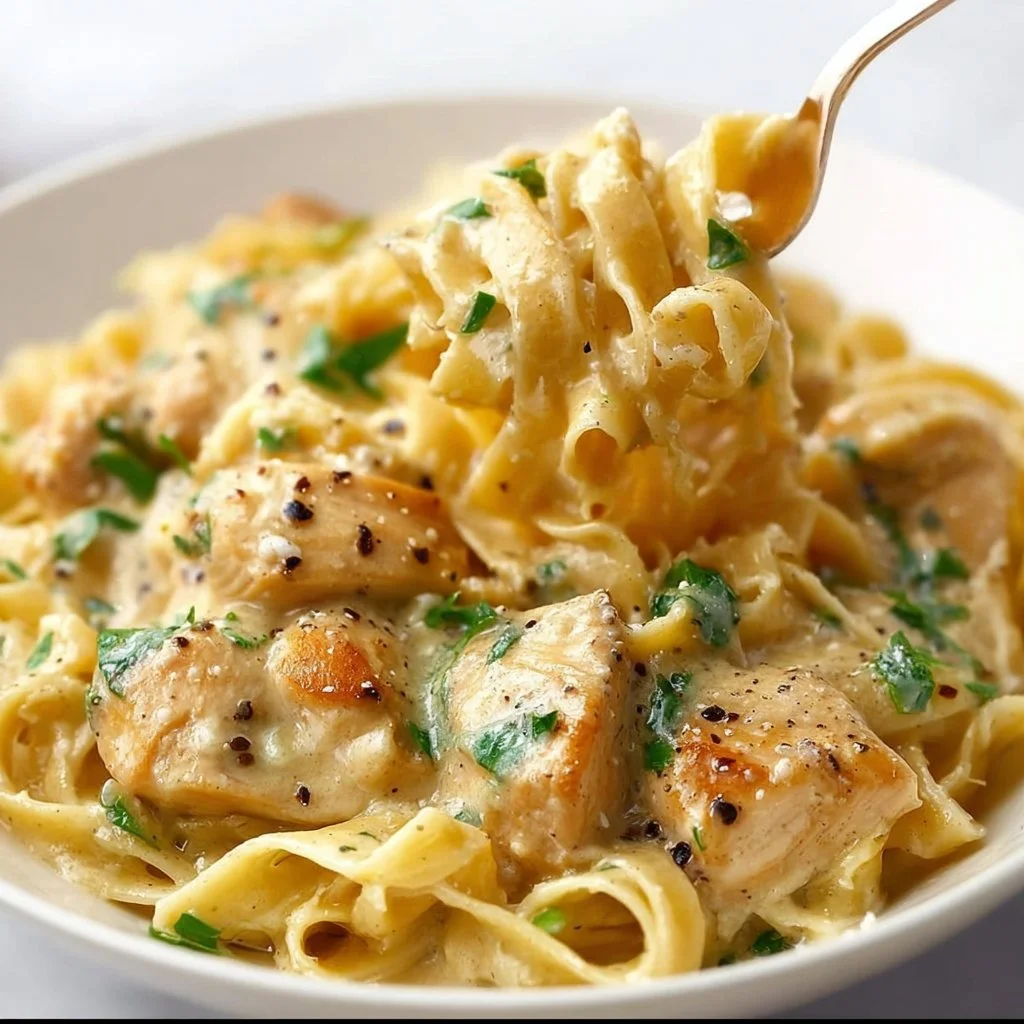 Delicious Dairy Free Chicken Alfredo served in a bowl with parsley garnish