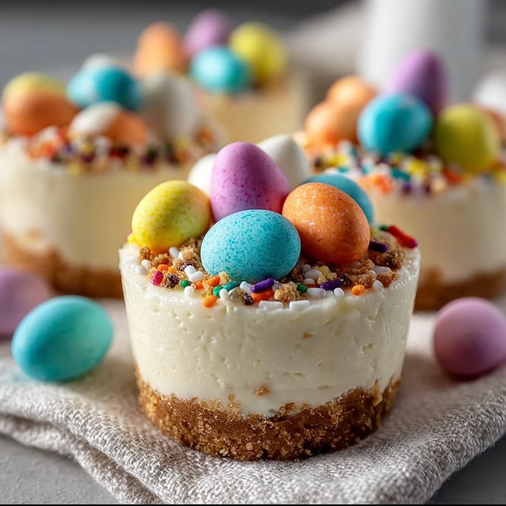 Easter No-Bake Mini Cheesecakes garnished with colorful toppings