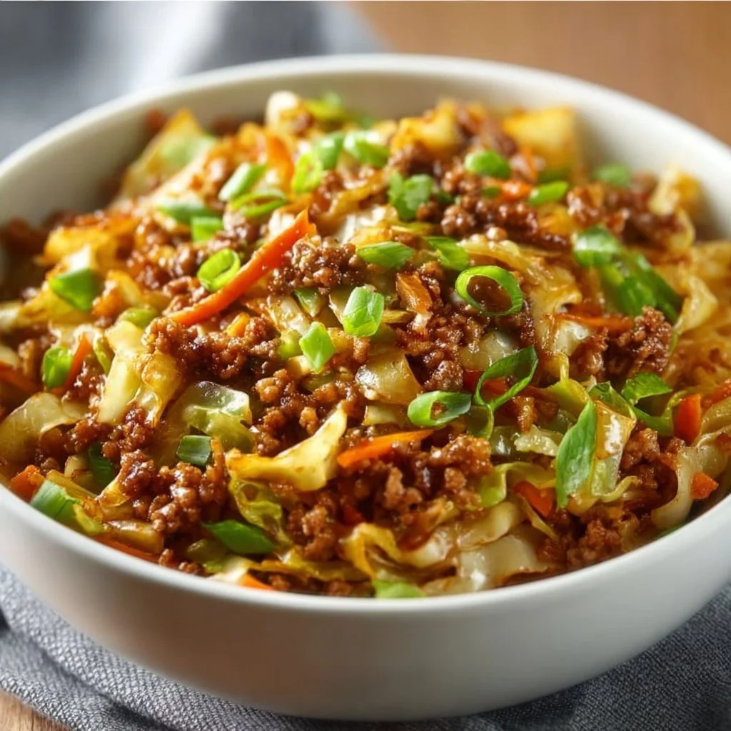 Bowl of egg roll ingredients topped with sesame seeds and green onions