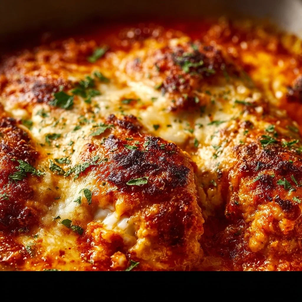 Delicious fast chicken parmesan casserole served on a plate with pasta