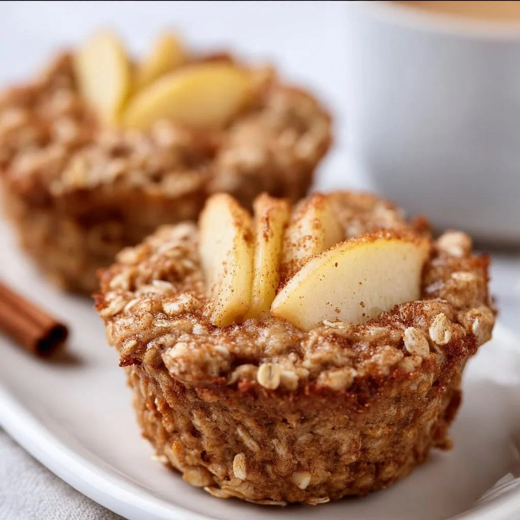 Fluffy baked apple cinnamon oatmeal cups served on a plate