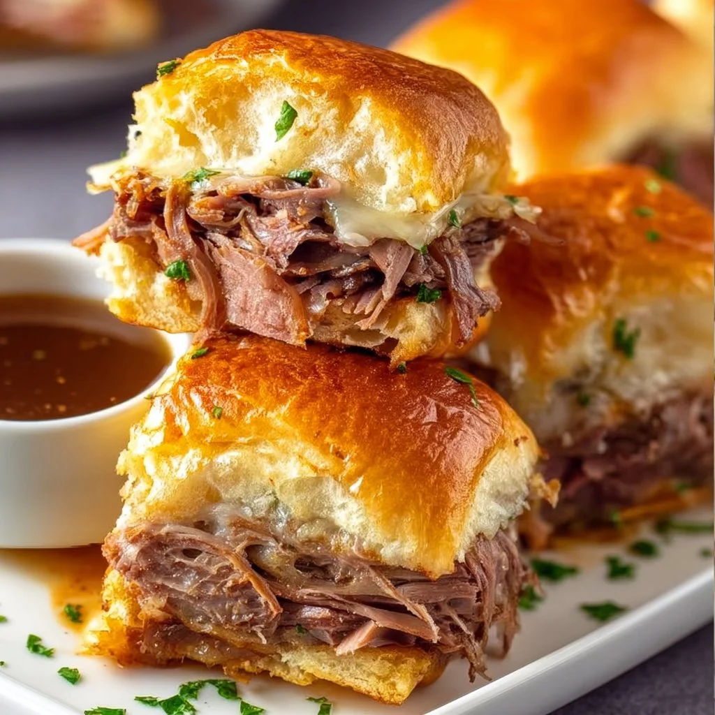 Delicious French Dip Sliders served with au jus for dipping