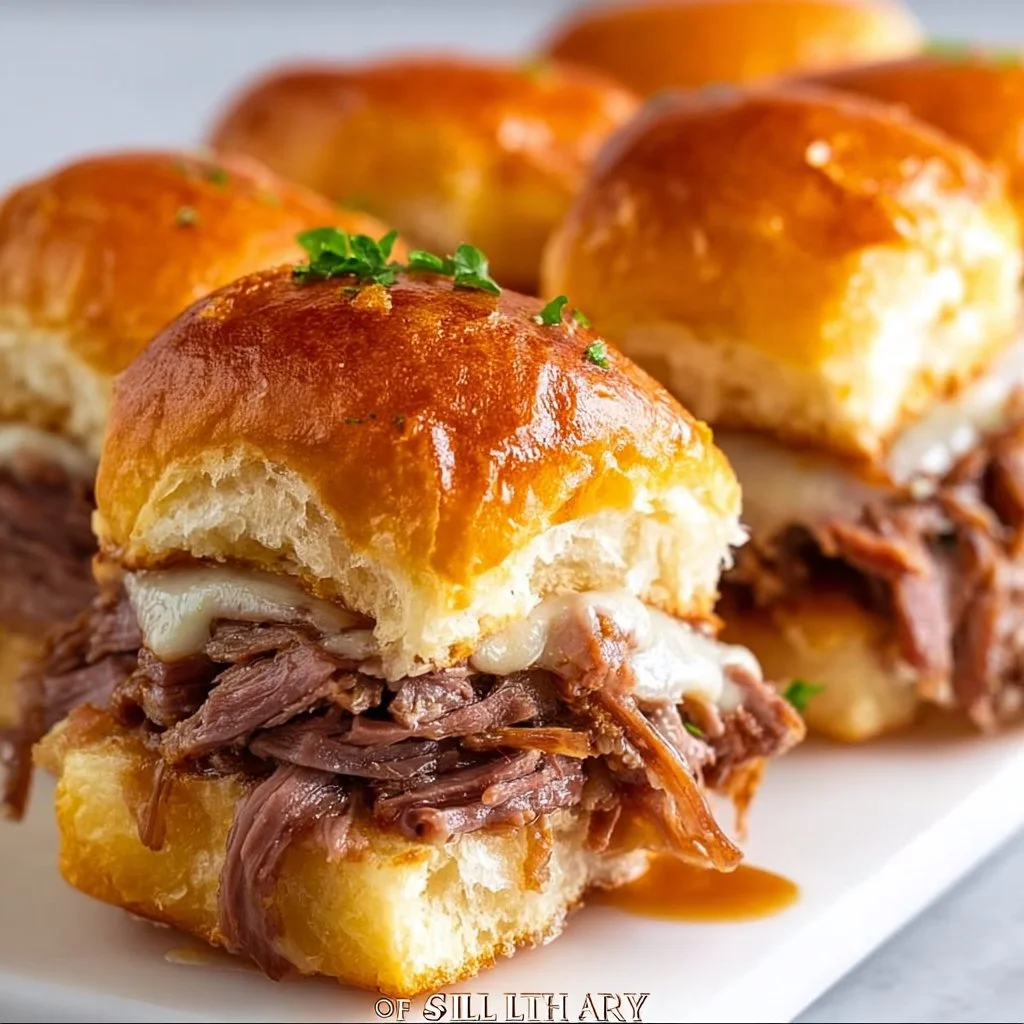 Delicious French Dip sliders served with au jus for dipping.