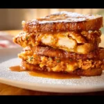 French Toast Fried Chicken Sandwich 4 Delicious French Toast Fried Chicken Sandwich served with syrup and garnished.