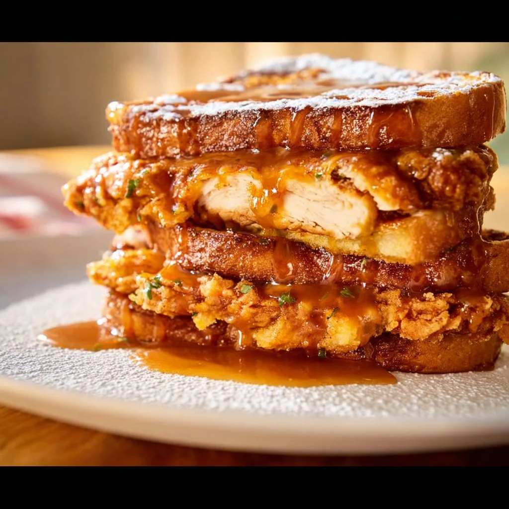 Delicious French Toast Fried Chicken Sandwich served with syrup and garnished.