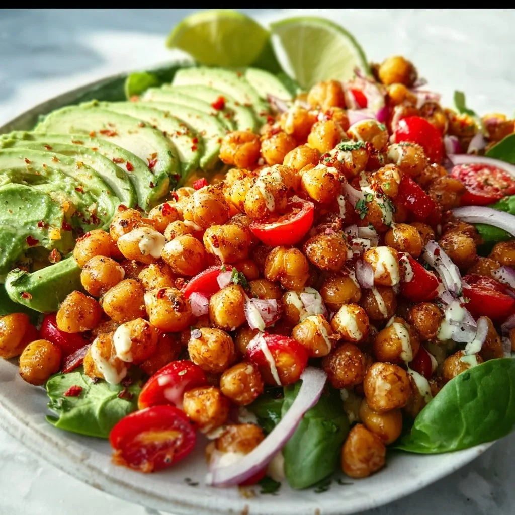 Fresh crispy chili lime chickpea salad with vibrant vegetables and herbs.