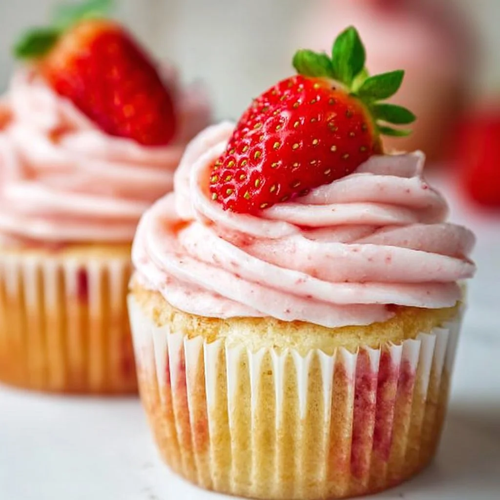 Freshly baked strawberry cupcakes topped with creamy frosting and fresh strawberries