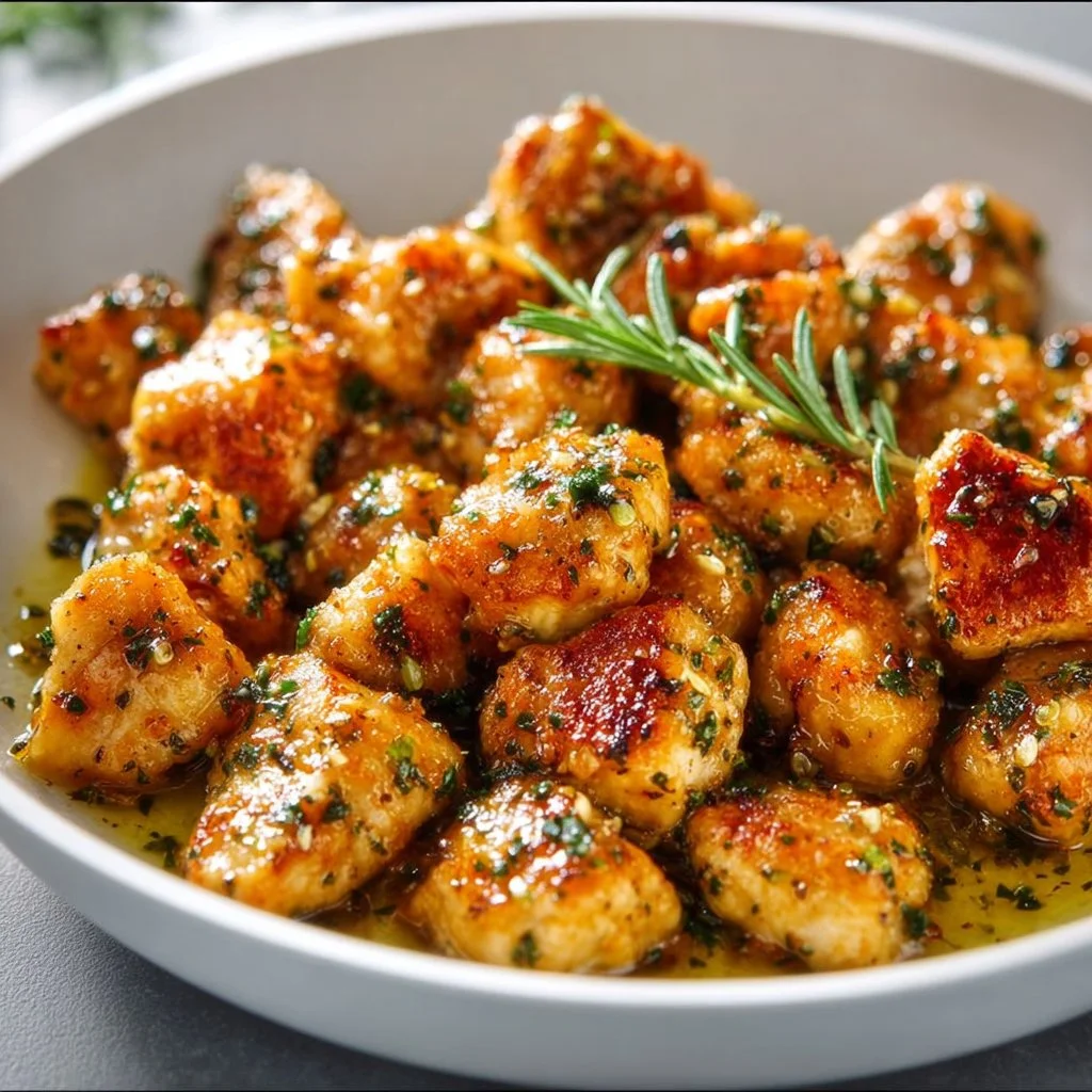 Delicious Garlic Butter Chicken Bites served on a plate with herbs