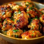 Delicious Garlic Butter Chicken Bites served on a plate with fresh herbs.