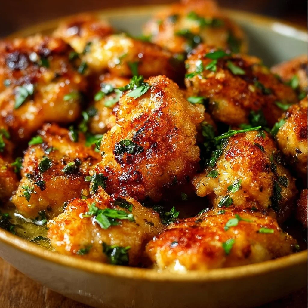Delicious Garlic Butter Chicken Bites served on a plate with fresh herbs.