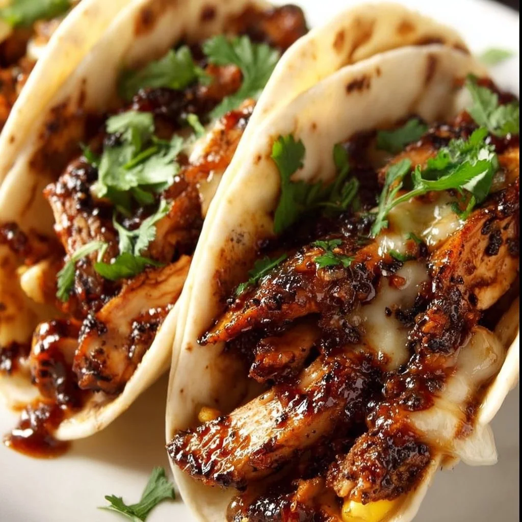 Garlic Butter Honey BBQ Chicken Tacos served on a wooden platter
