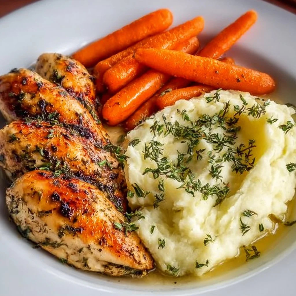 Delicious Garlic Herb Chicken served with creamy mashed potatoes