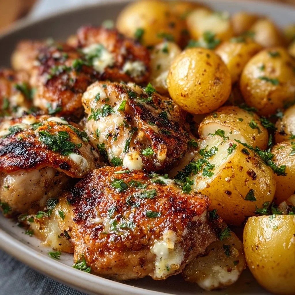 Garlic Parmesan Chicken Thighs with crispy potatoes served on a plate.