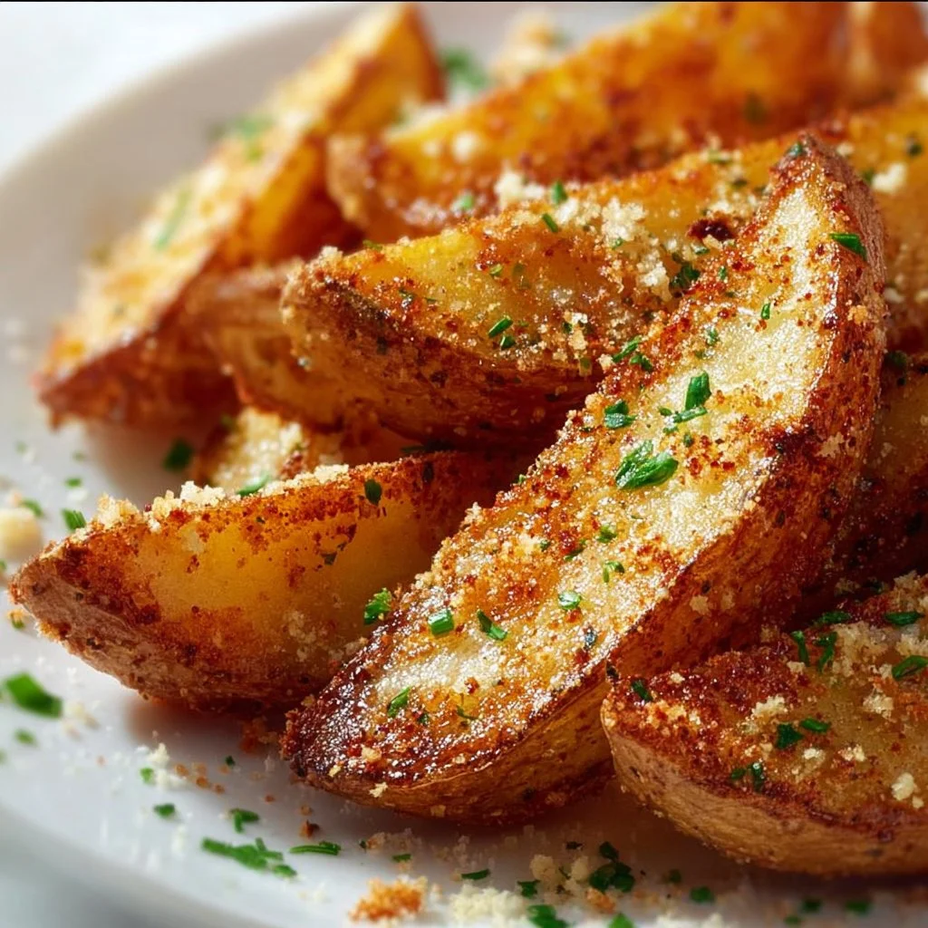 Delicious garlic parmesan potato wedges topped with herbs and spices.