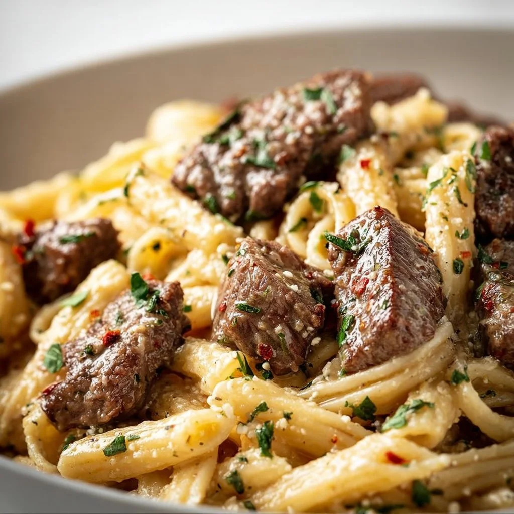 Delicious Garlic Steak Pasta topped with herbs and garlic sauce