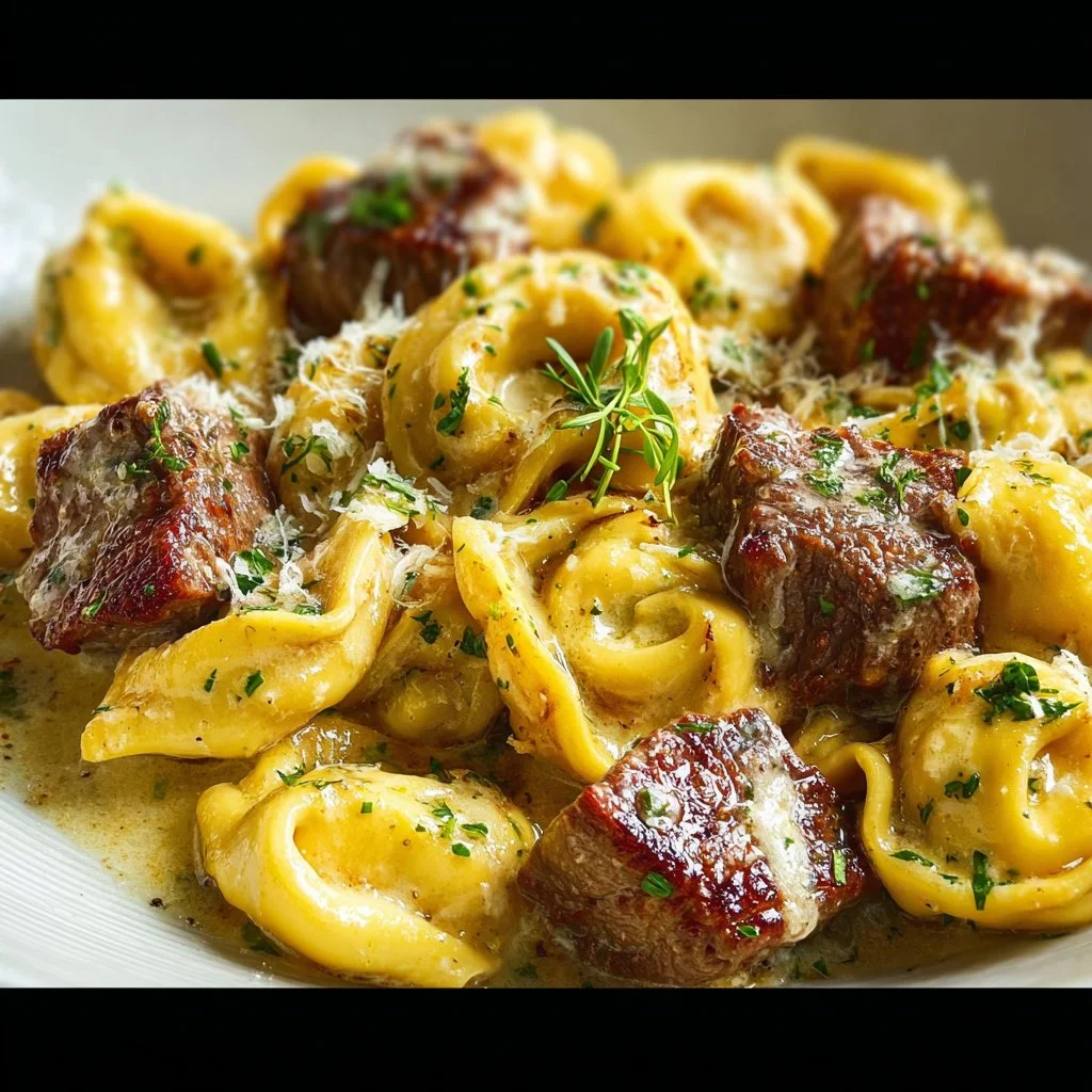 Delicious Garlic Steak Tortellini with rich garlic sauce and tender steak pieces