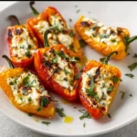 Goat cheese stuffed mini peppers garnished on a white plate.