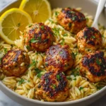 Bowl of Greek chicken meatballs served with lemon orzo and fresh herbs.