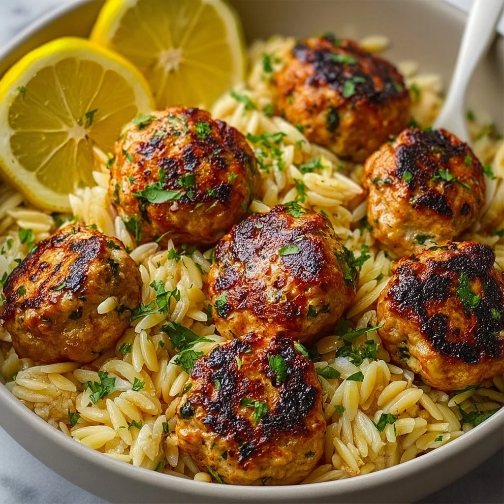 Bowl of Greek chicken meatballs served with lemon orzo and fresh herbs.