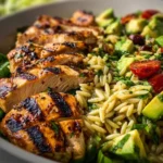 Grilled chicken orzo salad with fresh vegetables in a bowl